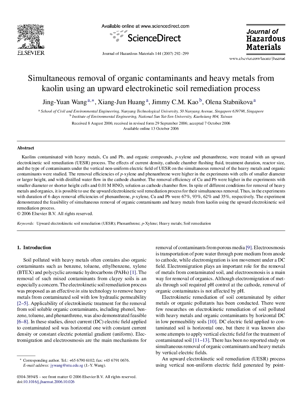 Simultaneous removal of organic contaminants and heavy metals from kaolin using an upward electrokinetic soil remediation process