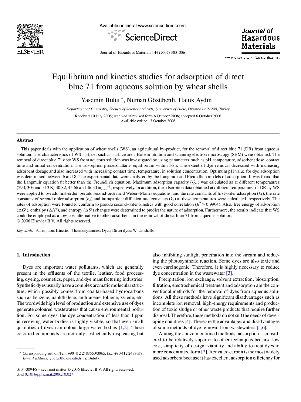 Equilibrium and kinetics studies for adsorption of direct blue 71 from aqueous solution by wheat shells