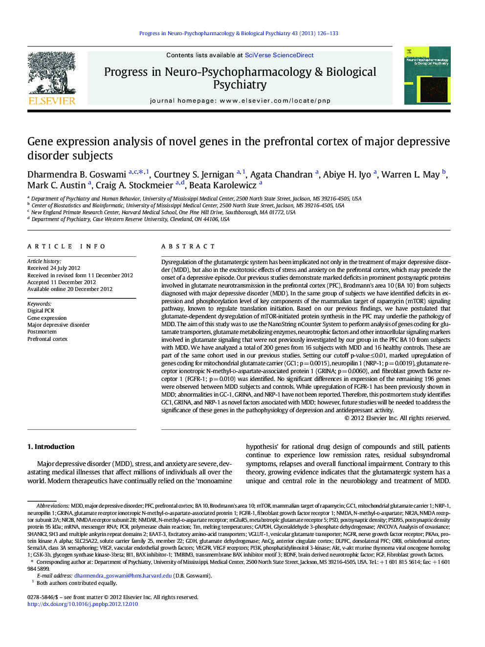 Gene expression analysis of novel genes in the prefrontal cortex of major depressive disorder subjects