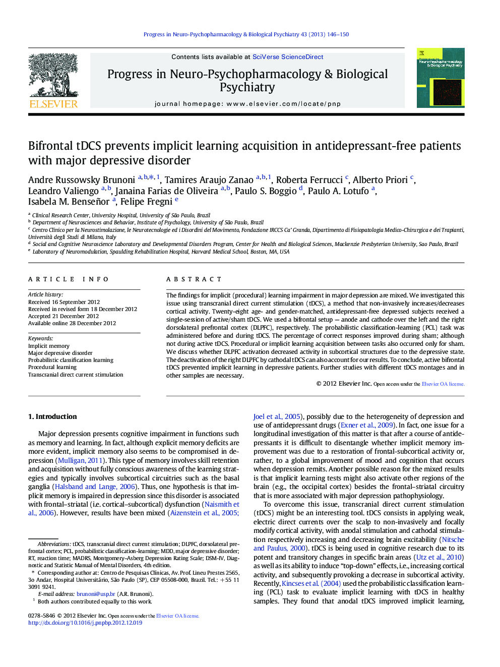 Bifrontal tDCS prevents implicit learning acquisition in antidepressant-free patients with major depressive disorder