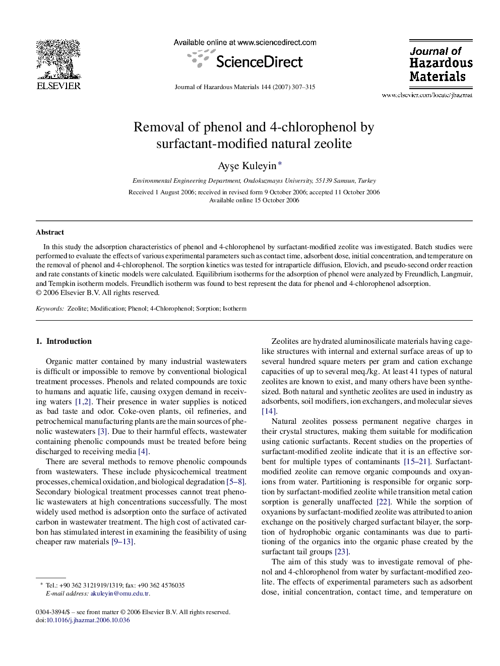 Removal of phenol and 4-chlorophenol by surfactant-modified natural zeolite