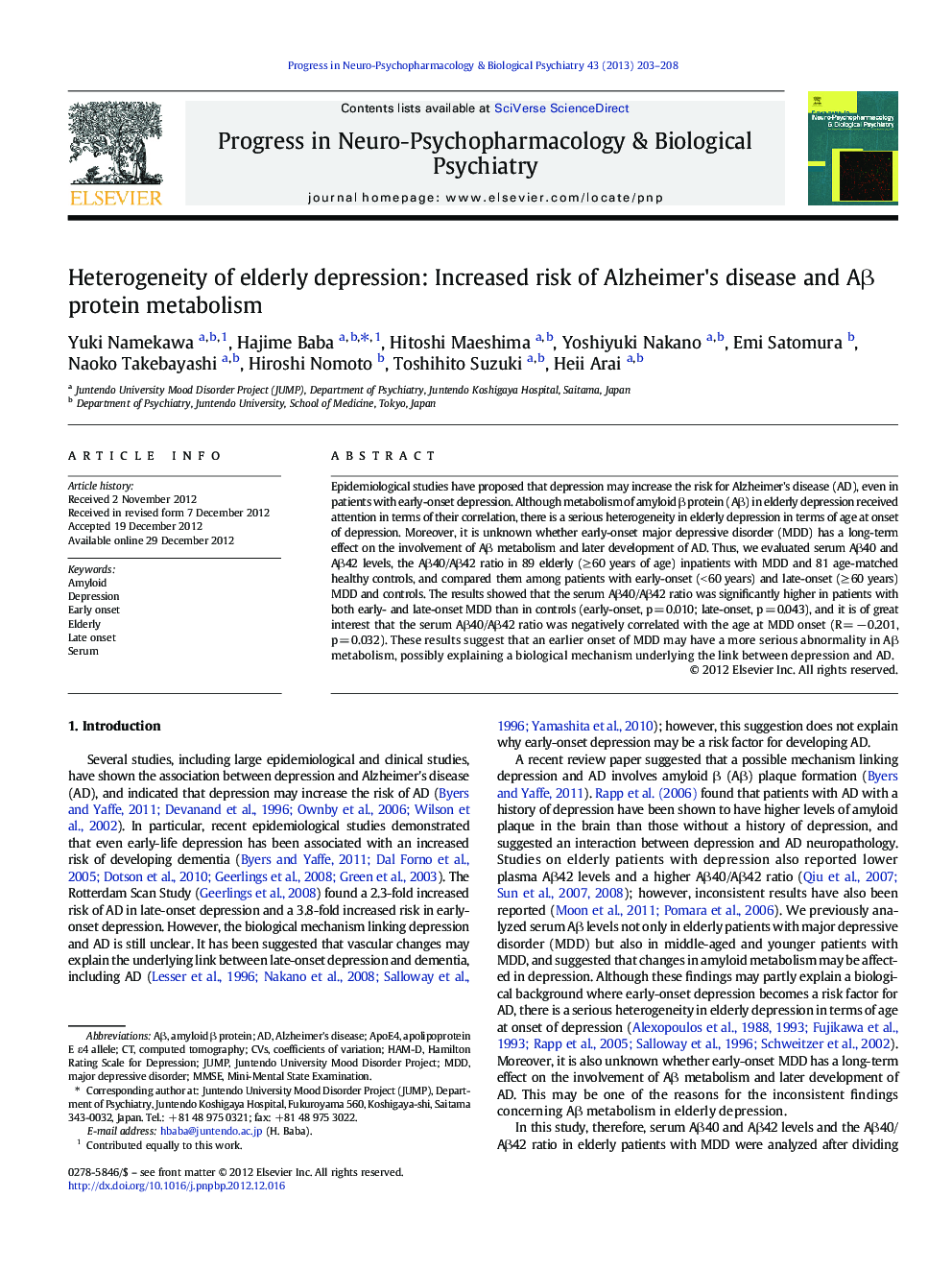 Heterogeneity of elderly depression: Increased risk of Alzheimer's disease and AÎ² protein metabolism