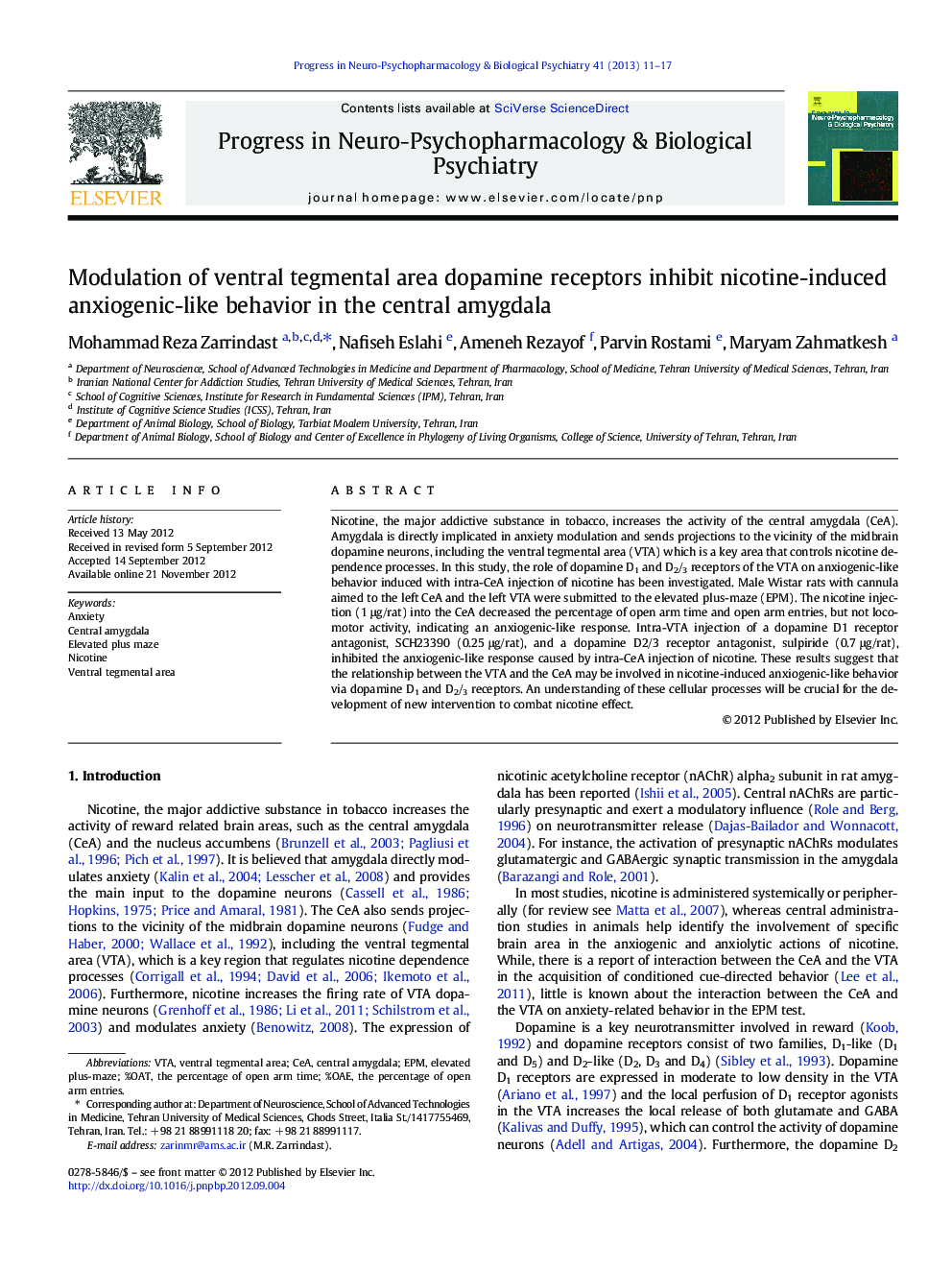 Modulation of ventral tegmental area dopamine receptors inhibit nicotine-induced anxiogenic-like behavior in the central amygdala