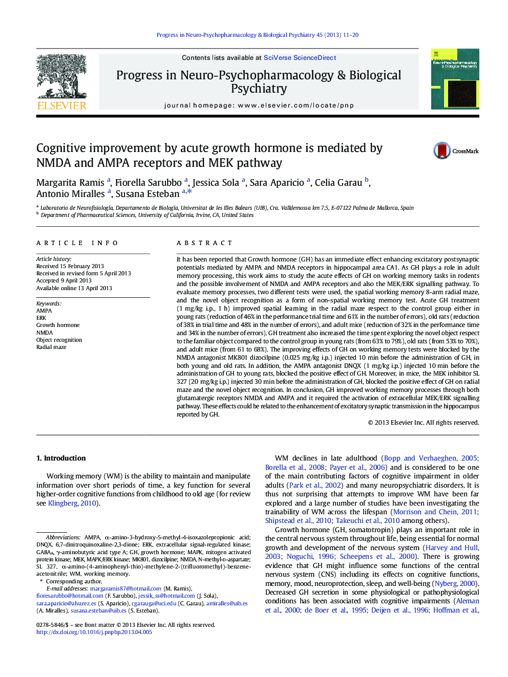 Cognitive improvement by acute growth hormone is mediated by NMDA and AMPA receptors and MEK pathway