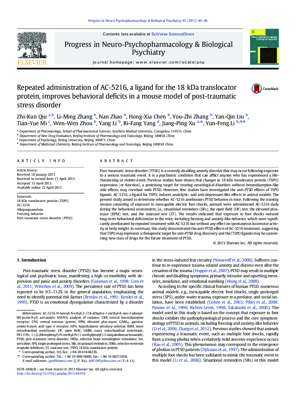 Repeated administration of AC-5216, a ligand for the 18Â kDa translocator protein, improves behavioral deficits in a mouse model of post-traumatic stress disorder