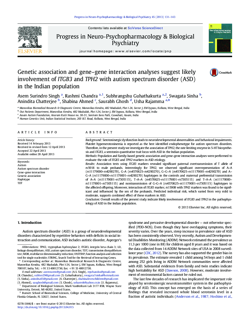 Genetic association and gene-gene interaction analyses suggest likely involvement of ITGB3 and TPH2 with autism spectrum disorder (ASD) in the Indian population