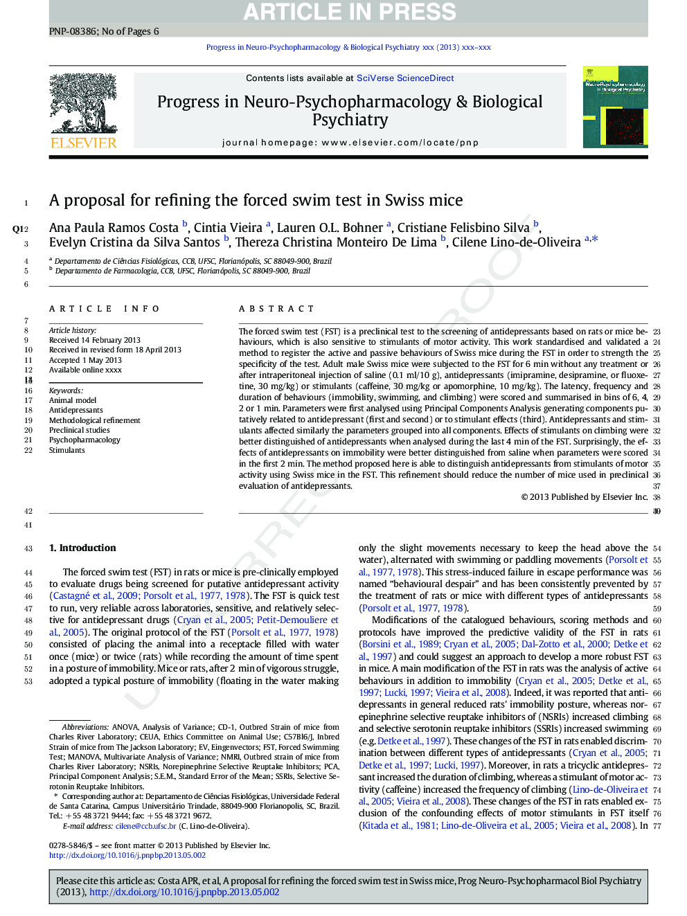 A proposal for refining the forced swim test in Swiss mice