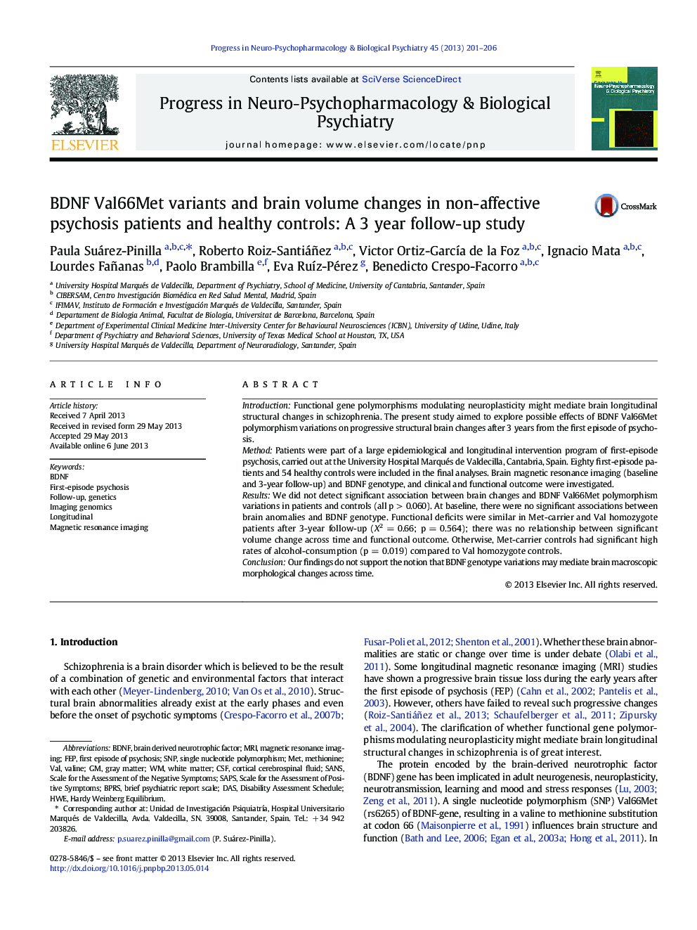 BDNF Val66Met variants and brain volume changes in non-affective psychosis patients and healthy controls: A 3Â year follow-up study