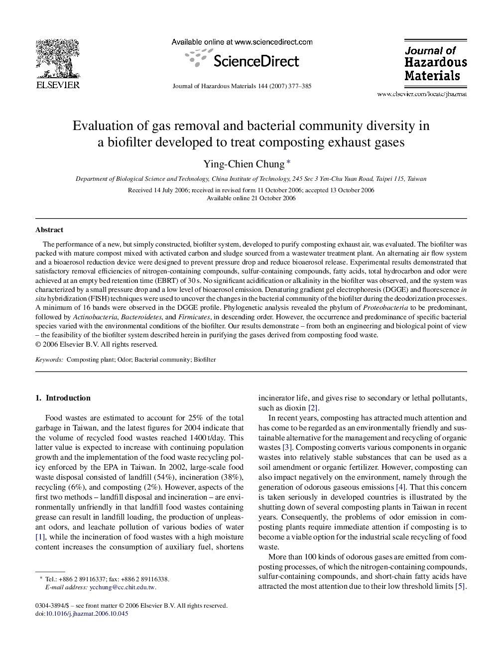 Evaluation of gas removal and bacterial community diversity in a biofilter developed to treat composting exhaust gases