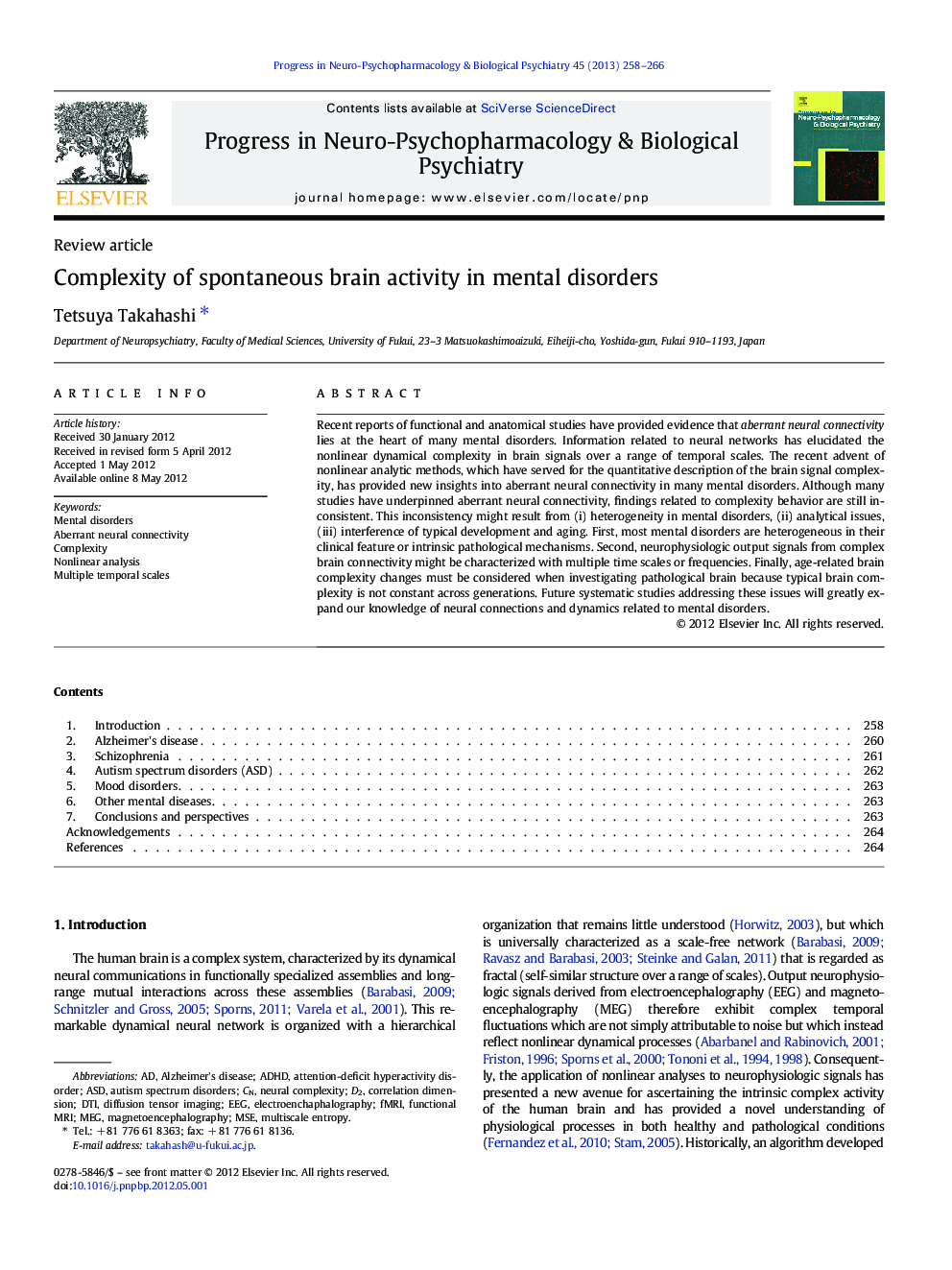 Complexity of spontaneous brain activity in mental disorders