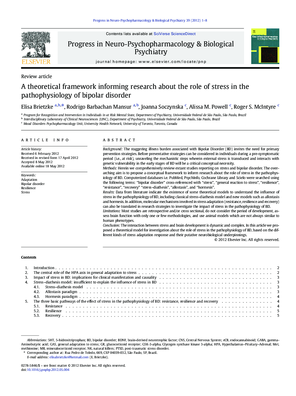 A theoretical framework informing research about the role of stress in the pathophysiology of bipolar disorder