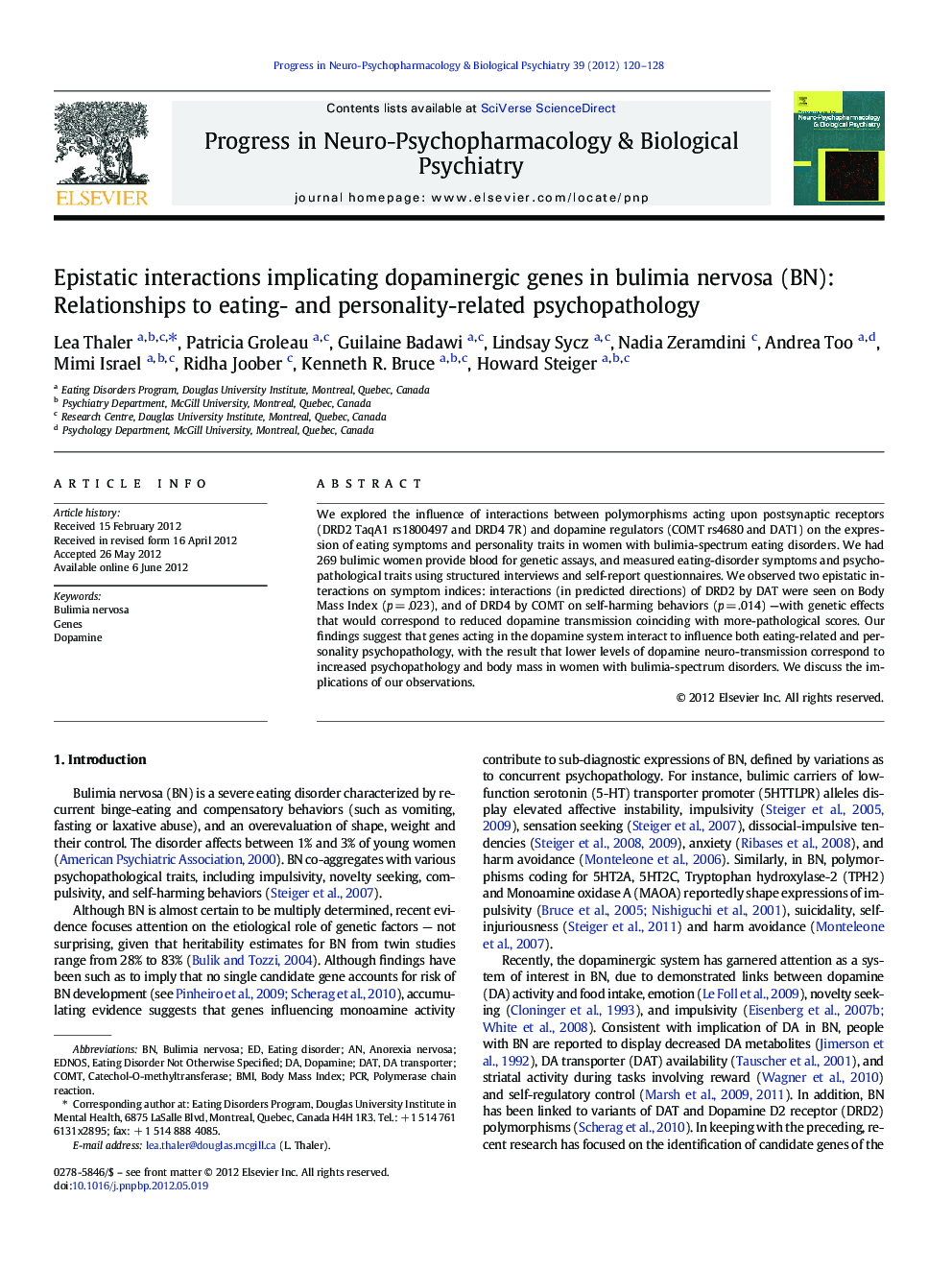 Epistatic interactions implicating dopaminergic genes in bulimia nervosa (BN): Relationships to eating- and personality-related psychopathology