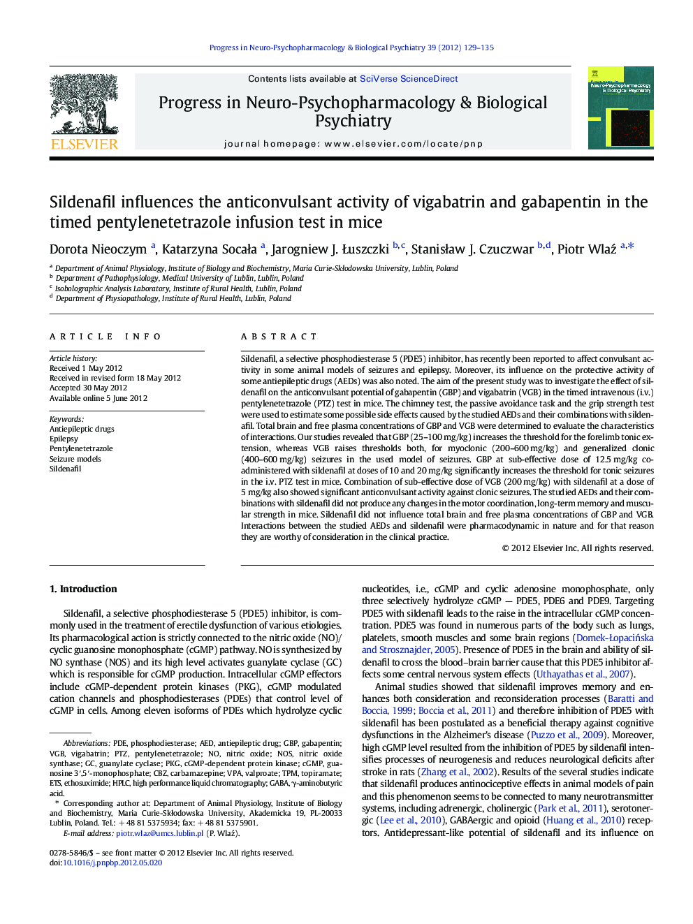 Sildenafil influences the anticonvulsant activity of vigabatrin and gabapentin in the timed pentylenetetrazole infusion test in mice