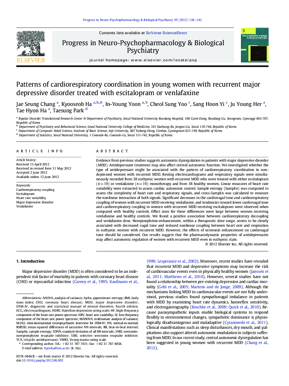 Patterns of cardiorespiratory coordination in young women with recurrent major depressive disorder treated with escitalopram or venlafaxine