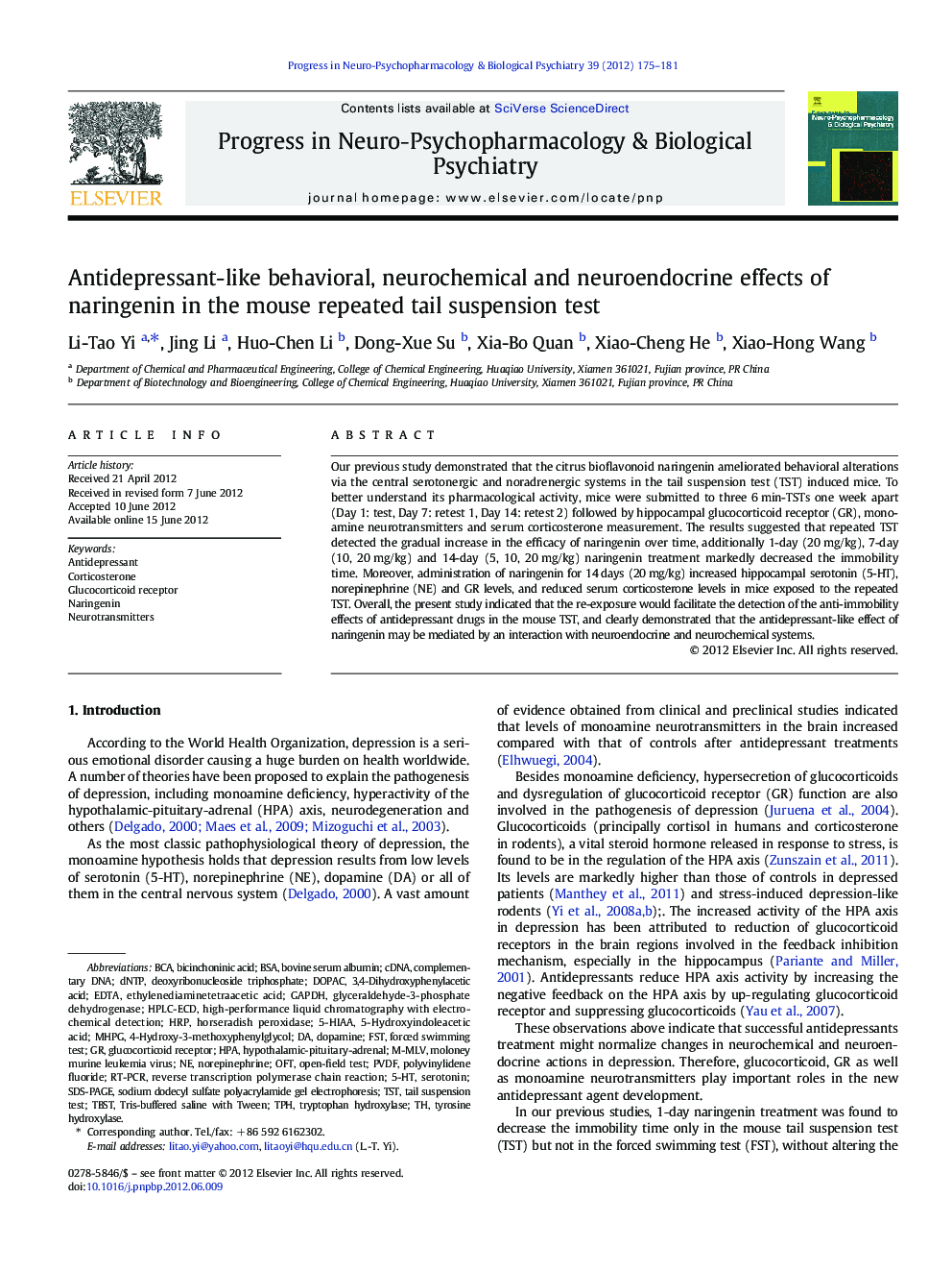 Antidepressant-like behavioral, neurochemical and neuroendocrine effects of naringenin in the mouse repeated tail suspension test