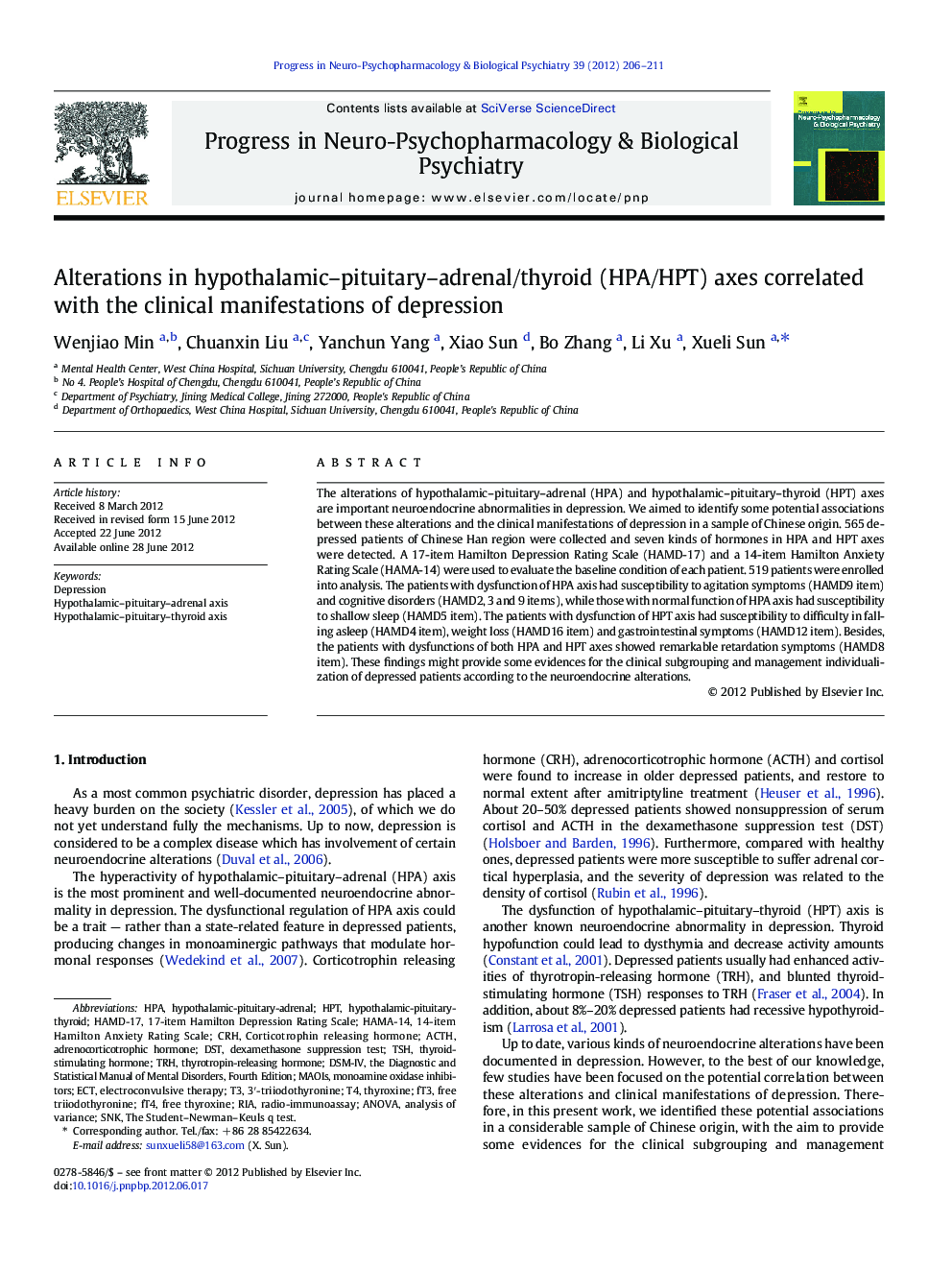 عکس صفحه اول مقاله: Alterations in hypothalamic-pituitary-adrenal/thyroid (HPA/HPT) axes correlated with the clinical manifestations of depression Alterations in hypothalamic-pituitary-adrenal/thyroid (HPA/HPT) axes correlated with the clinical manifestations of depression