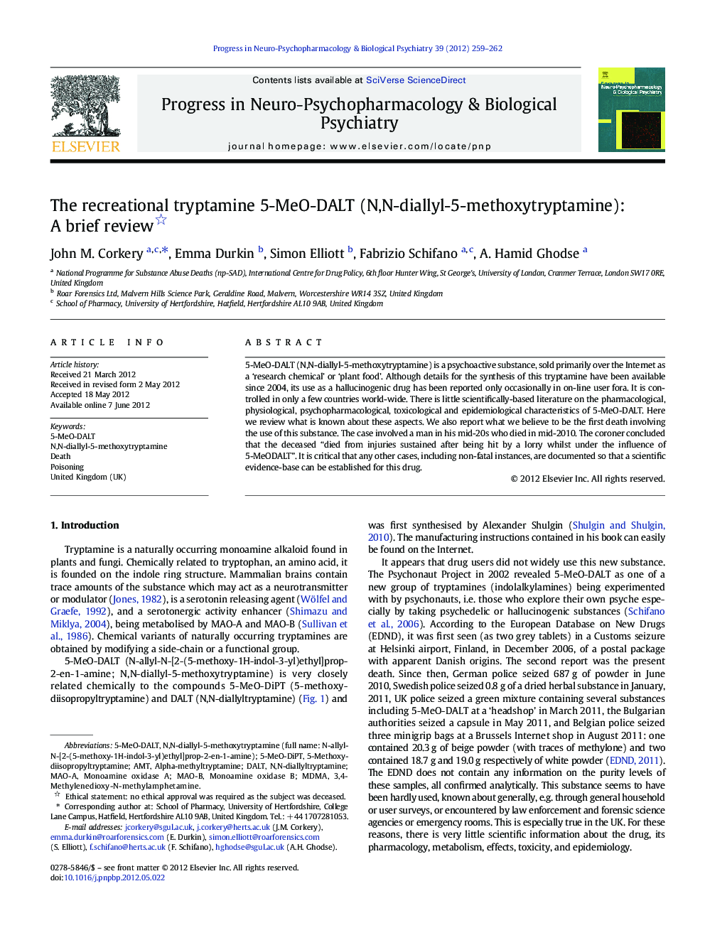 The recreational tryptamine 5-MeO-DALT (N,N-diallyl-5-methoxytryptamine): A brief review