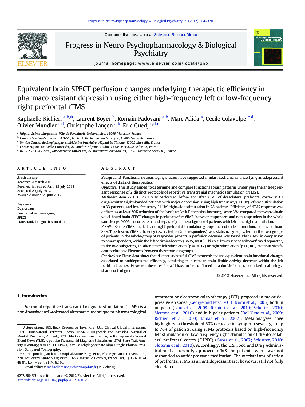 Equivalent brain SPECT perfusion changes underlying therapeutic efficiency in pharmacoresistant depression using either high-frequency left or low-frequency right prefrontal rTMS