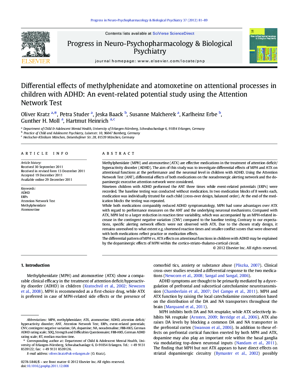 Differential effects of methylphenidate and atomoxetine on attentional processes in children with ADHD: An event-related potential study using the Attention Network Test