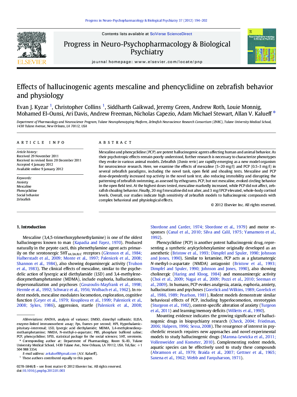 Effects of hallucinogenic agents mescaline and phencyclidine on zebrafish behavior and physiology