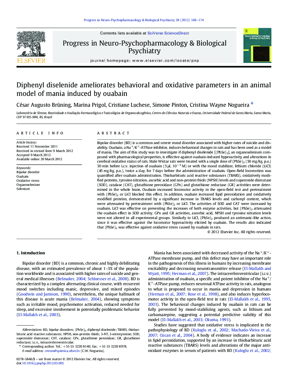 Diphenyl diselenide ameliorates behavioral and oxidative parameters in an animal model of mania induced by ouabain