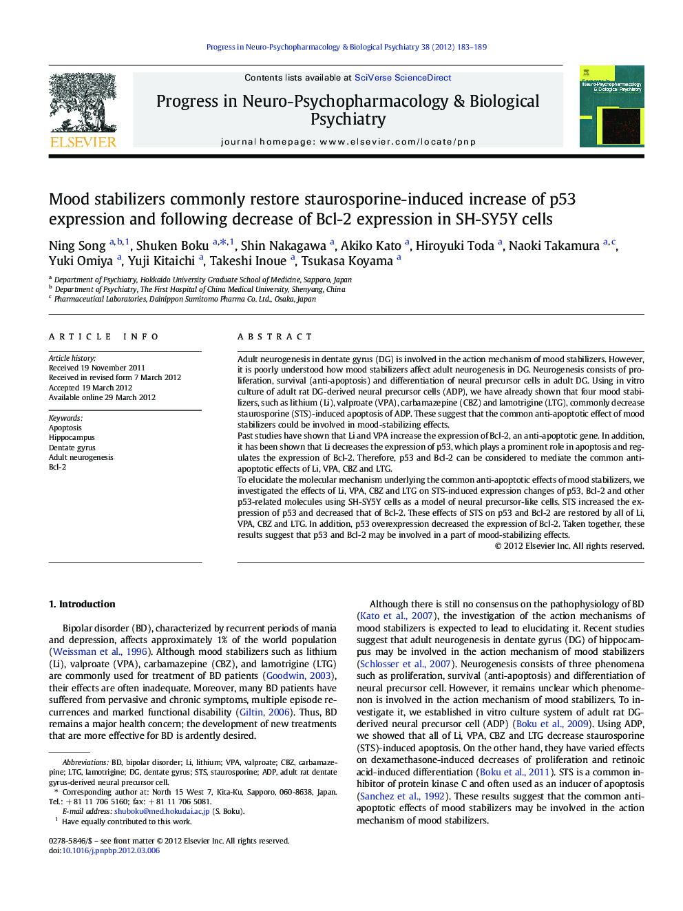 Mood stabilizers commonly restore staurosporine-induced increase of p53 expression and following decrease of Bcl-2 expression in SH-SY5Y cells