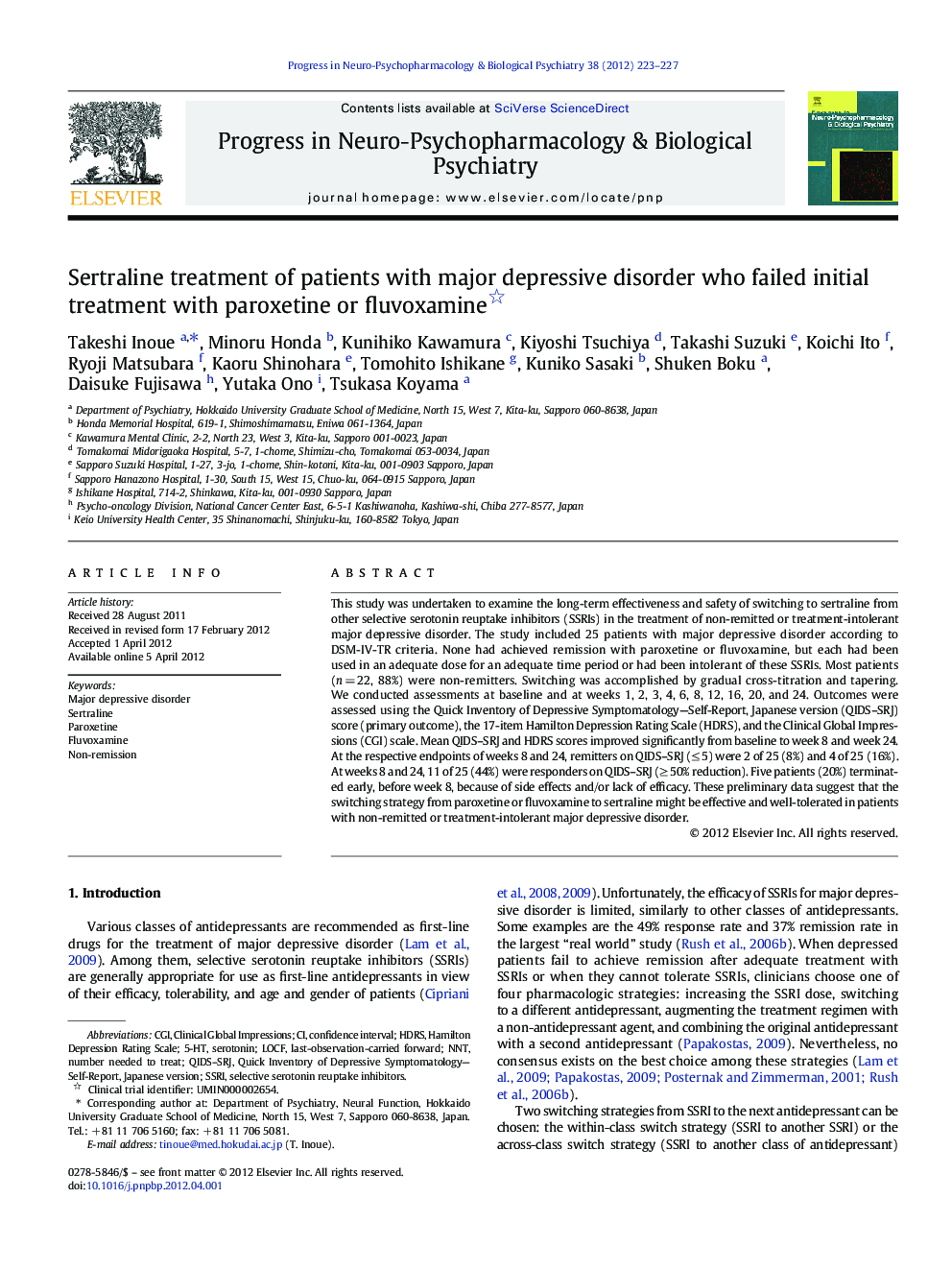 Sertraline treatment of patients with major depressive disorder who failed initial treatment with paroxetine or fluvoxamine