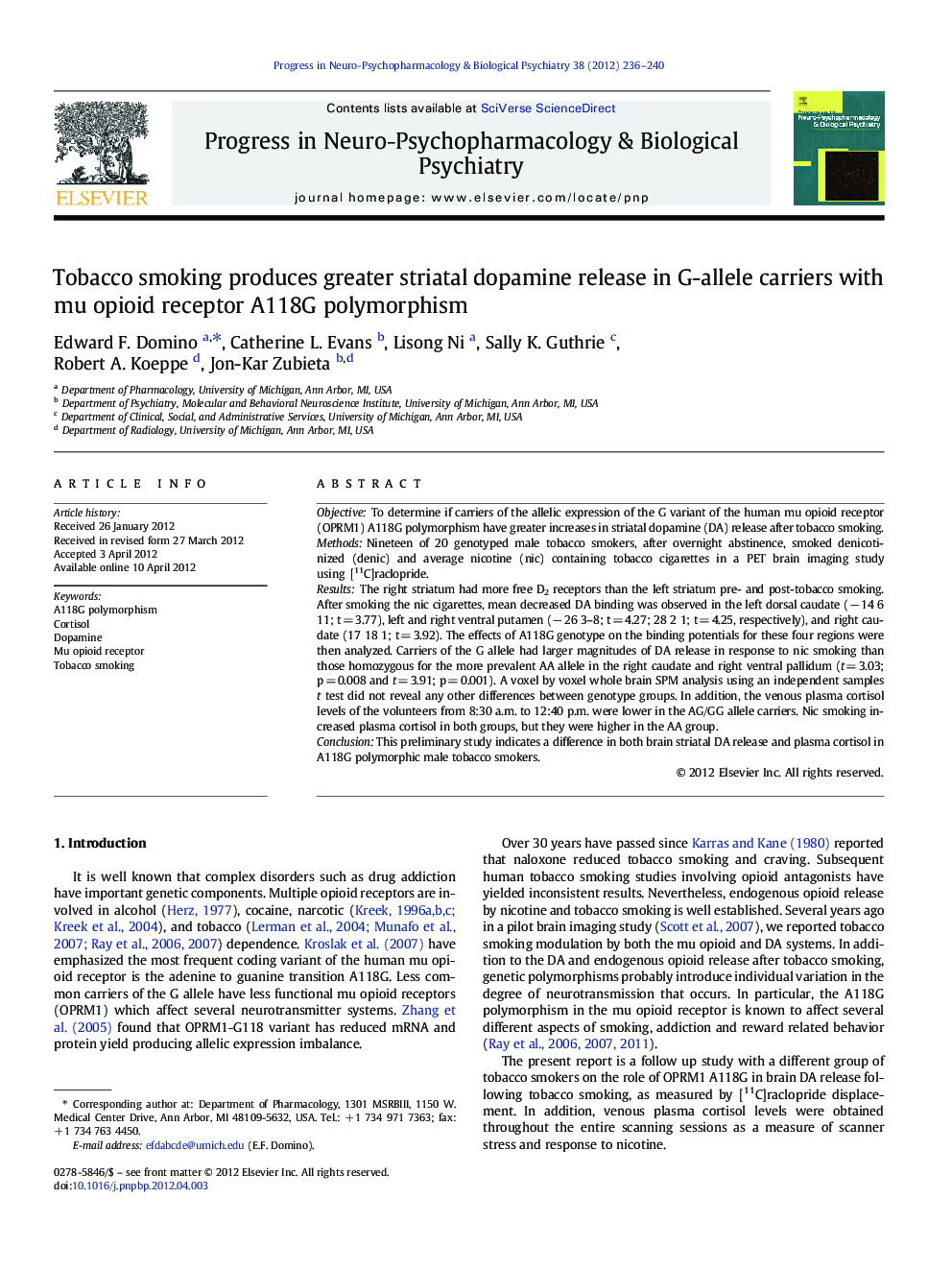 Tobacco smoking produces greater striatal dopamine release in G-allele carriers with mu opioid receptor A118G polymorphism