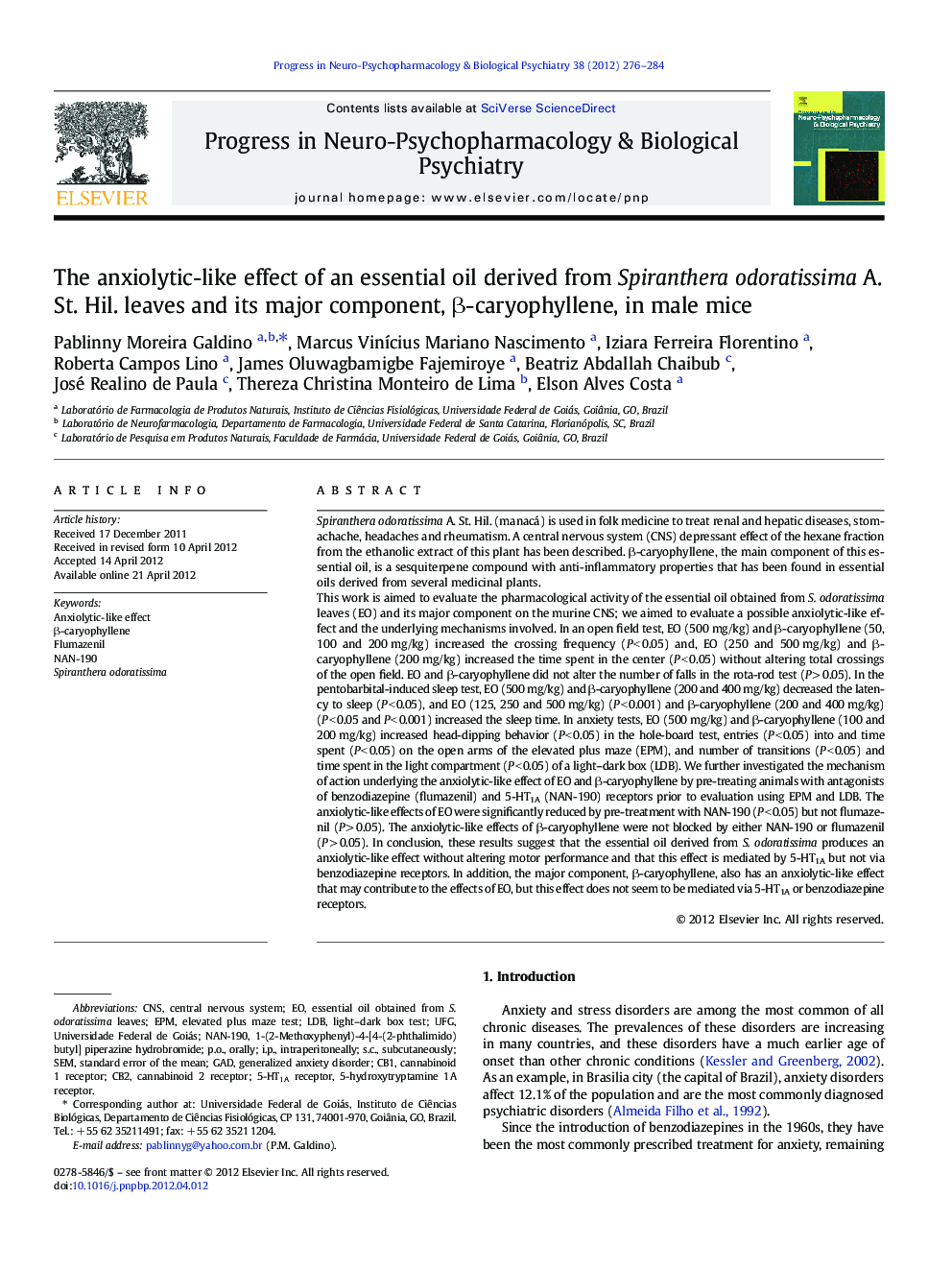 The anxiolytic-like effect of an essential oil derived from Spiranthera odoratissima A. St. Hil. leaves and its major component, Î²-caryophyllene, in male mice