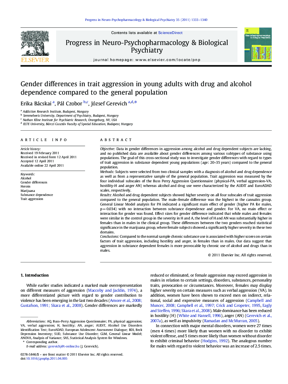 Gender differences in trait aggression in young adults with drug and alcohol dependence compared to the general population