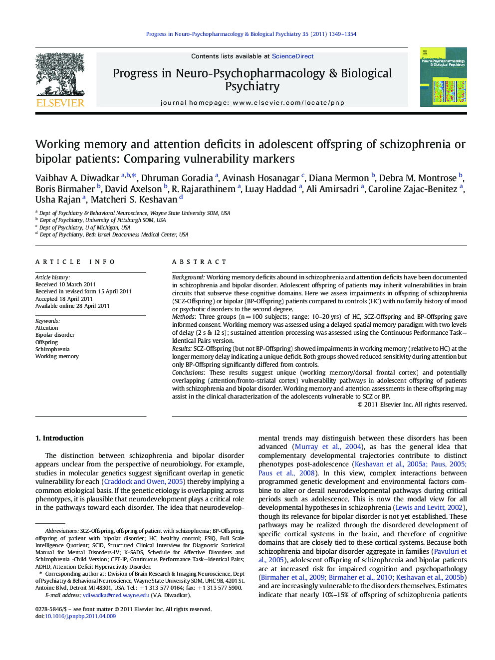 Working memory and attention deficits in adolescent offspring of schizophrenia or bipolar patients: Comparing vulnerability markers