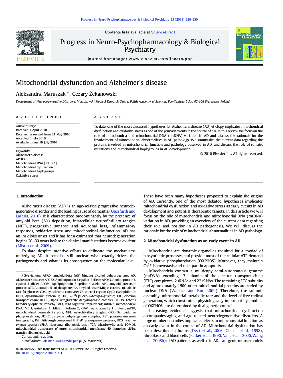 Mitochondrial dysfunction and Alzheimer's disease