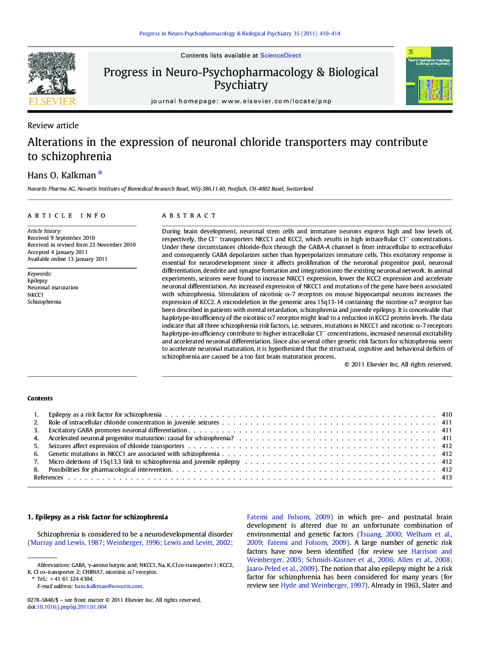 Review articleAlterations in the expression of neuronal chloride transporters may contribute to schizophrenia