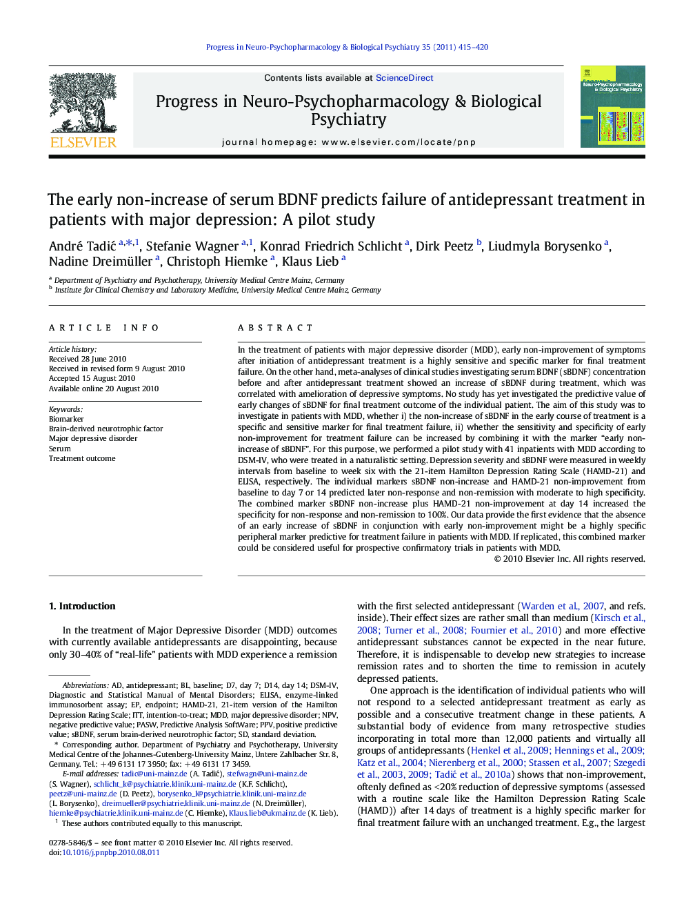 The early non-increase of serum BDNF predicts failure of antidepressant treatment in patients with major depression: A pilot study