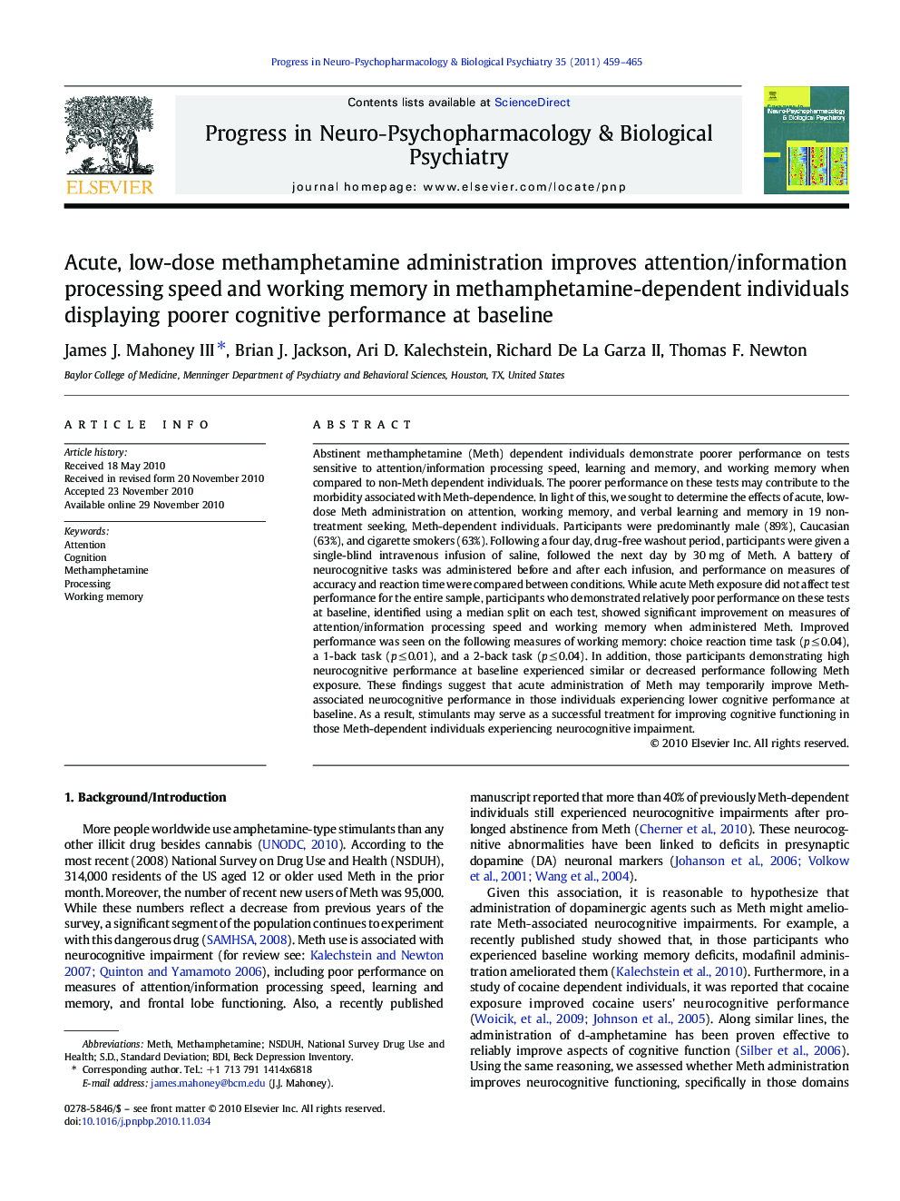 Acute, low-dose methamphetamine administration improves attention/information processing speed and working memory in methamphetamine-dependent individuals displaying poorer cognitive performance at baseline