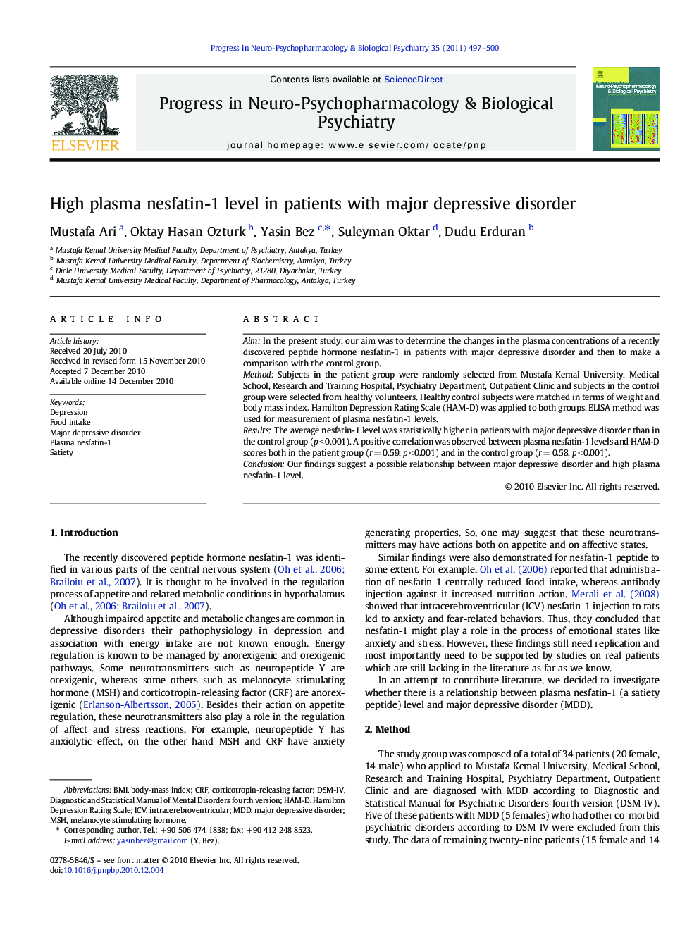 High plasma nesfatin-1 level in patients with major depressive disorder