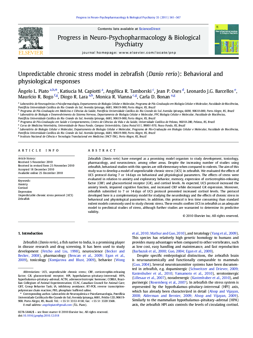 عکس صفحه اول مقاله: Unpredictable chronic stress model in zebrafish (Danio rerio): Behavioral and physiological responses Unpredictable chronic stress model in zebrafish (Danio rerio): Behavioral and physiological responses