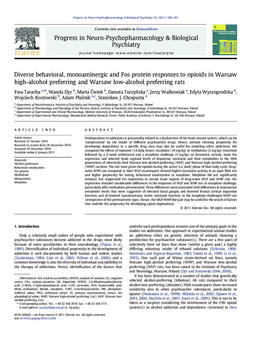 Diverse behavioral, monoaminergic and Fos protein responses to opioids in Warsaw high-alcohol preferring and Warsaw low-alcohol preferring rats