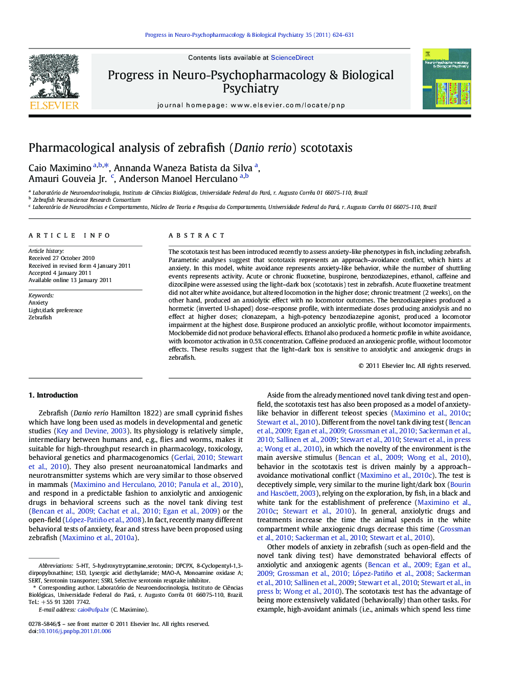 Pharmacological analysis of zebrafish (Danio rerio) scototaxis