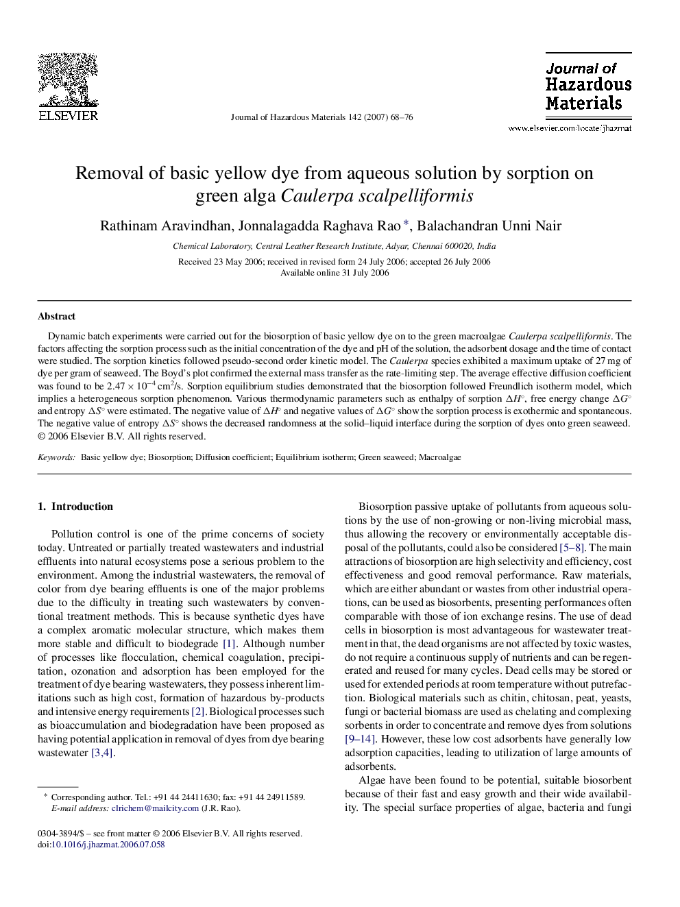 Removal of basic yellow dye from aqueous solution by sorption on green alga Caulerpa scalpelliformis