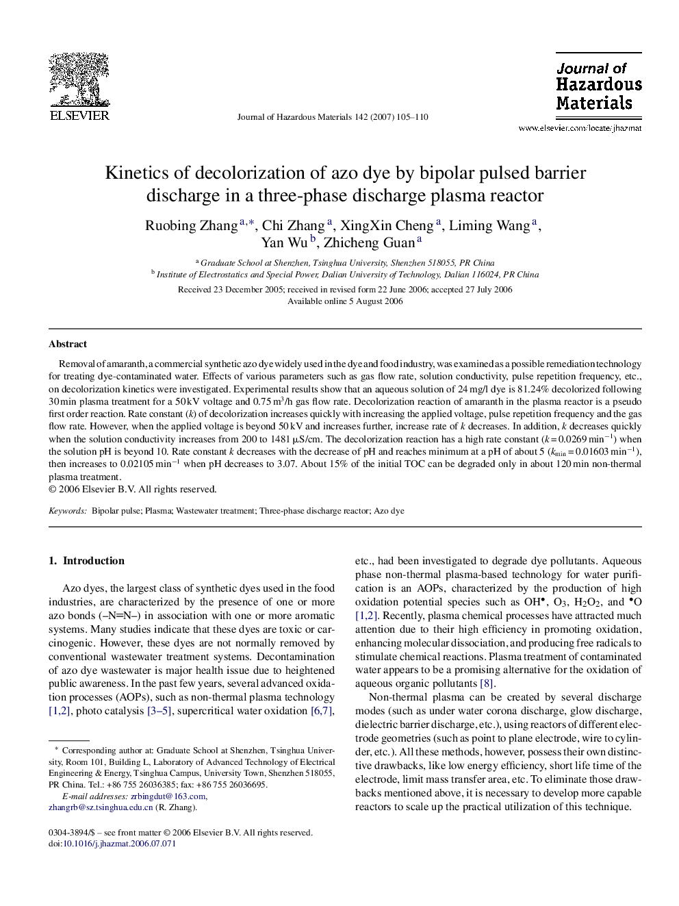 Kinetics of decolorization of azo dye by bipolar pulsed barrier discharge in a three-phase discharge plasma reactor