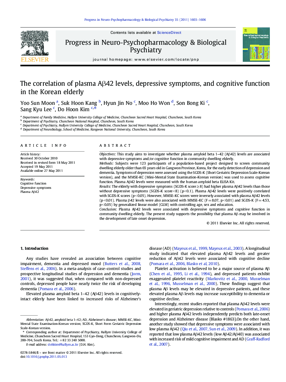 The correlation of plasma AÎ²42 levels, depressive symptoms, and cognitive function in the Korean elderly