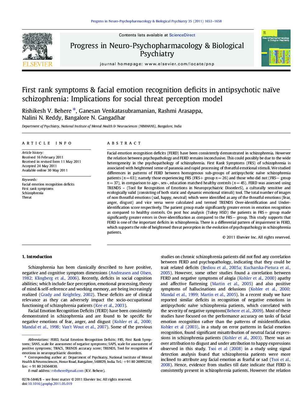 First rank symptoms & facial emotion recognition deficits in antipsychotic naïve schizophrenia: Implications for social threat perception model