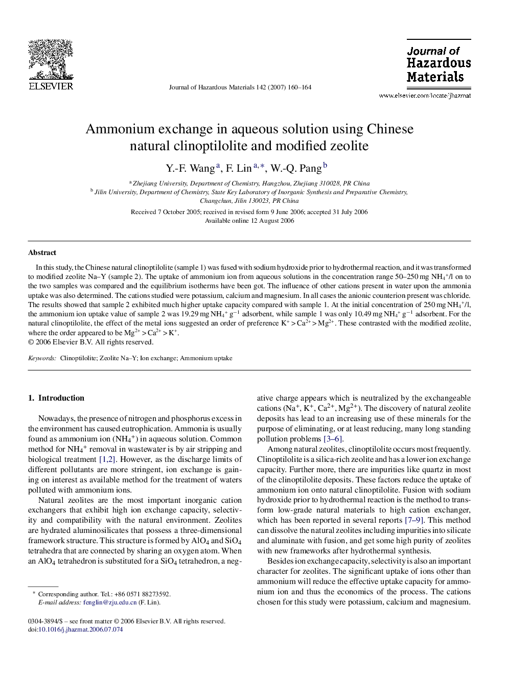 Ammonium exchange in aqueous solution using Chinese natural clinoptilolite and modified zeolite