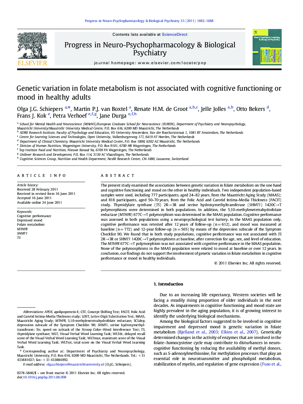 Genetic variation in folate metabolism is not associated with cognitive functioning or mood in healthy adults