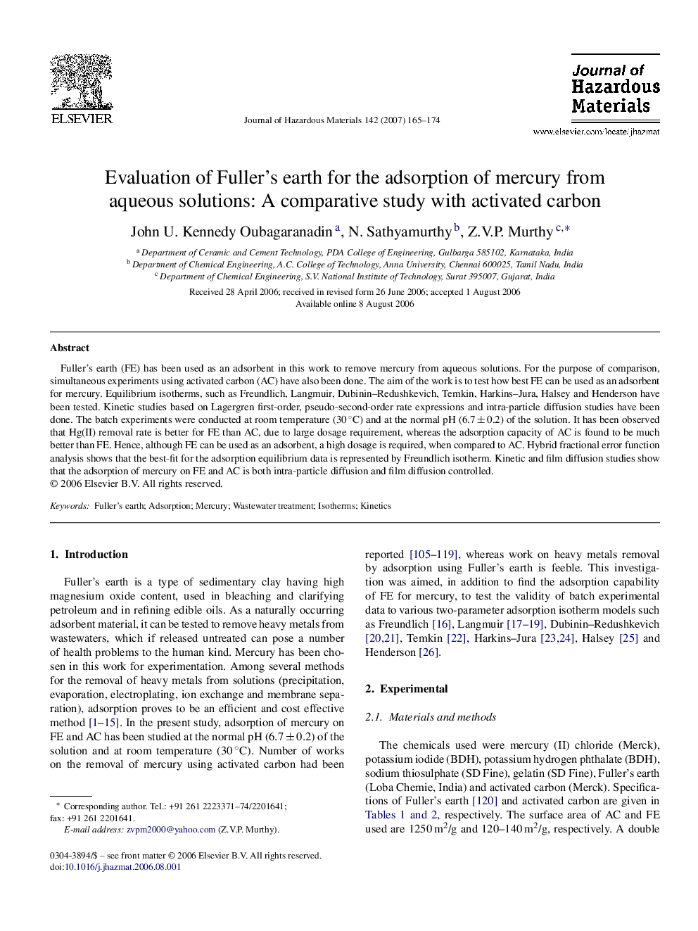 Evaluation of Fuller's earth for the adsorption of mercury from aqueous solutions: A comparative study with activated carbon