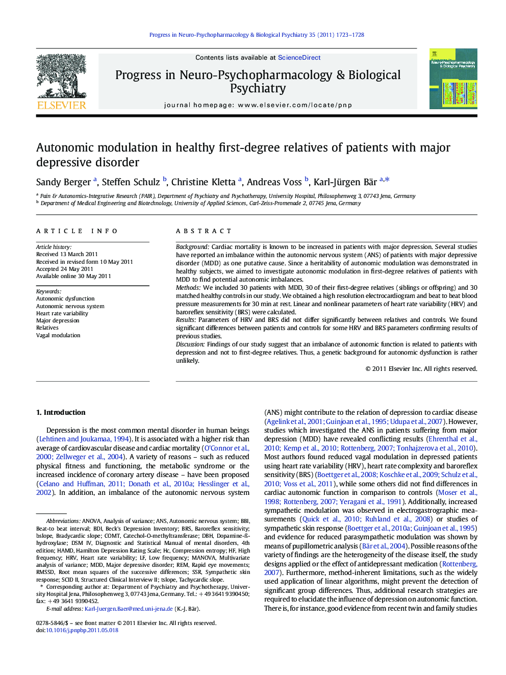 Autonomic modulation in healthy first-degree relatives of patients with major depressive disorder