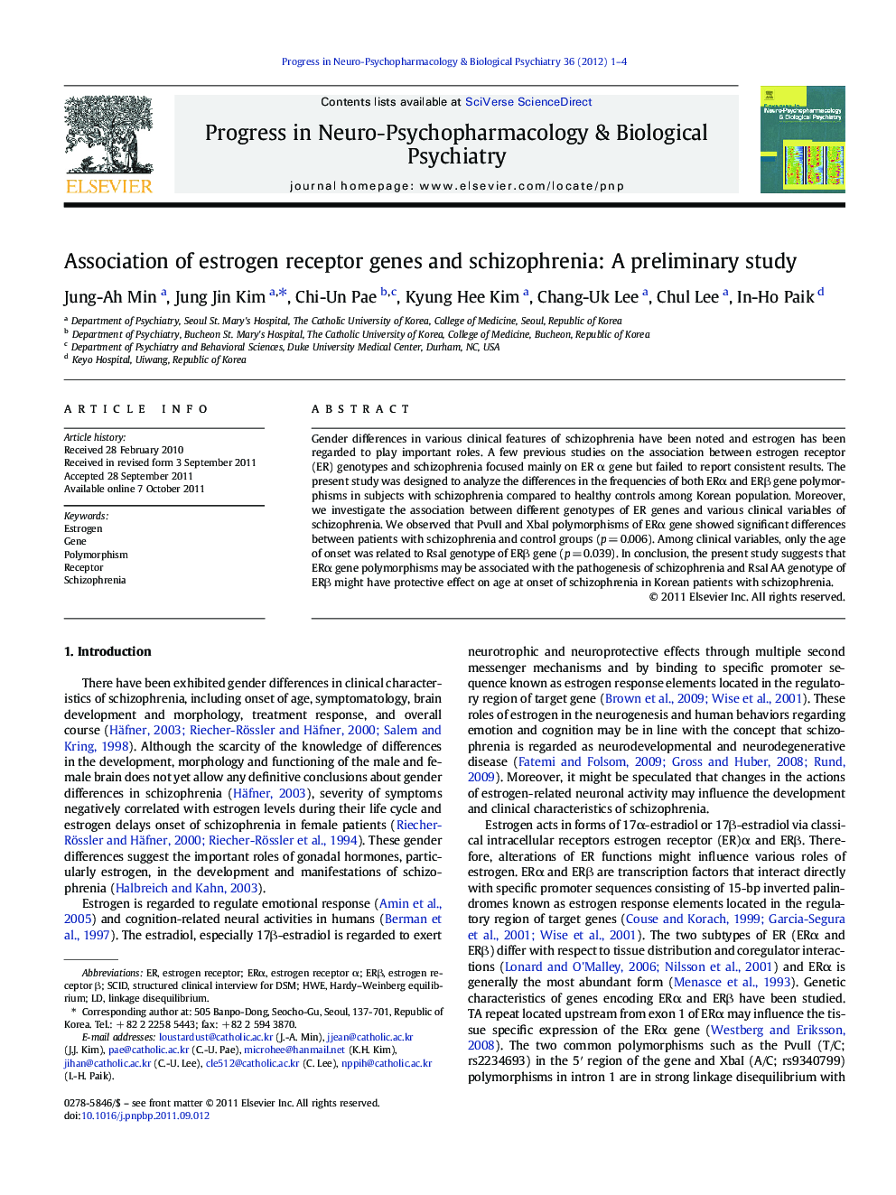 Association of estrogen receptor genes and schizophrenia: A preliminary study