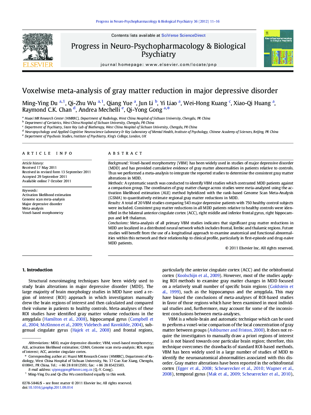 Voxelwise meta-analysis of gray matter reduction in major depressive disorder