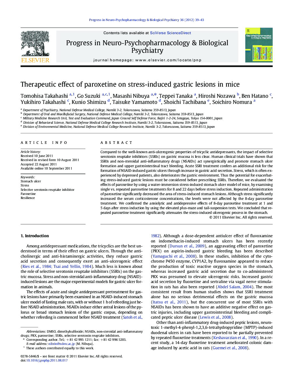 Therapeutic effect of paroxetine on stress-induced gastric lesions in mice